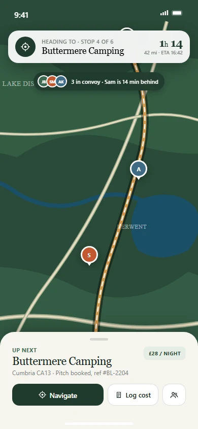 Active trip screen showing convoy positions on a map