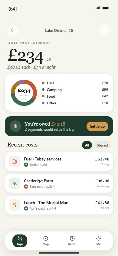 Costs screen with category breakdown