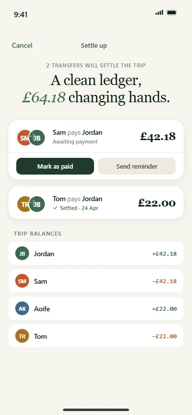 Settle-up screen with payments between trip members